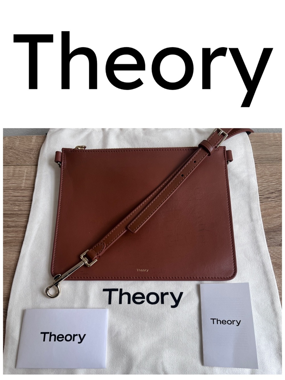THEORY Camel Cognac Leather Crossbody Bag Purse Clutch Pouch Transformer NEW NWT